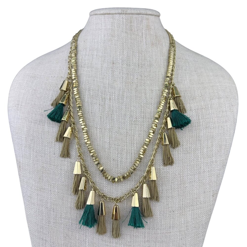Barbary Womens Gold Tone Necklace Green Tassels Multilayer Chain